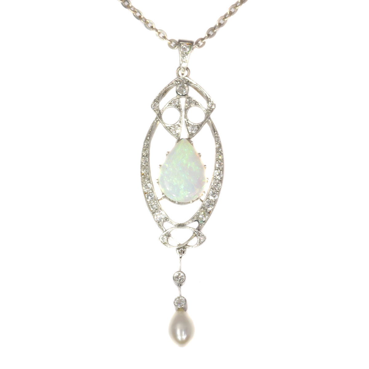 Vintage platinum Art Nouveau pendant with diamonds and large opal